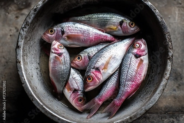 Obraz An overhead view of fresh fish arranged in a metal bowl, ready for preparation or cooking, with natural lighting enhancing the scene.
