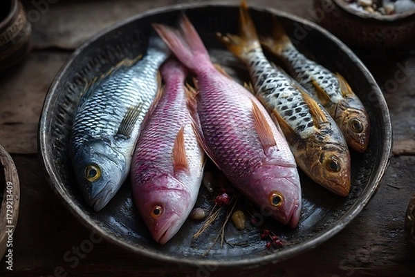 Obraz An overhead view of fresh fish arranged in a metal bowl, ready for preparation or cooking, with natural lighting enhancing the scene.
