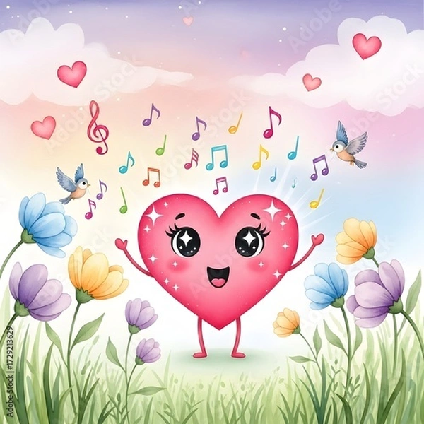 Fototapeta Cute heart character singing happily in a flower field with colorful musical notes and flying birds. Joy, music, and love celebration. Adorable heart with arms and legs making music in a bright meadow
