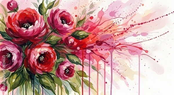 Fototapeta Expressive watercolor bouquet of rich red and pink roses with dramatic paint splashes and drips. Passionate romance and artistic texture. Lush flowers painted with energetic strokes