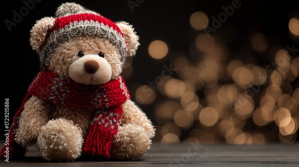 Fototapeta plush teddy bear in red knit hat and scarf on dark surface with warm bokeh lights in cozy festive winter composition