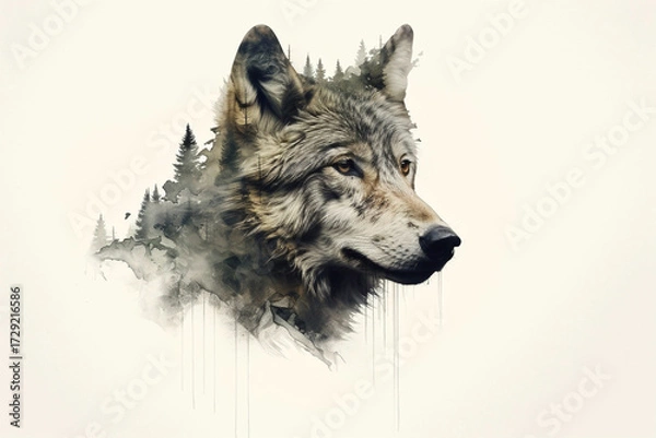 Fototapeta Wolf in the woods. Wild wolf and forest, double exposure