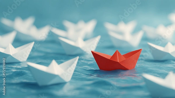Obraz Single red paper boat among many white boats floating on blue water, concept of leadership and individuality.
