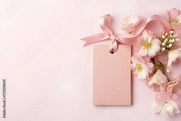 Fototapeta Mock up of a cute beautiful birthday blank rectangle gift tag (to place text) with ribbon