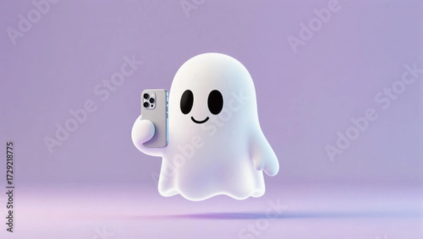 Fototapeta white ghost character, resembling an emoji or mascot. Ghost floating with a simple, friendly smiley face (black oval eyes and a small curved mouth). It is holding a modern smartphone.