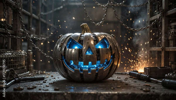 Fototapeta AI-generated image that fuses Halloween iconography with a dark, industrial, and science fiction aesthetic. The central subject is a Jack-o'-lantern reimagined as a cyborg or robotic metal pumpkin.