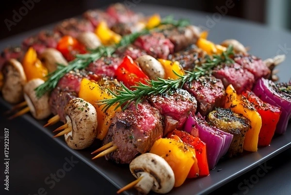 Obraz Delicious grilled vegetable and meat skewers, beautifully arranged on a platter, offering a colorful and healthy meal option.