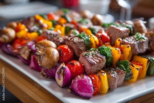 Obraz Delicious grilled vegetable and meat skewers, beautifully arranged on a platter, offering a colorful and healthy meal option.