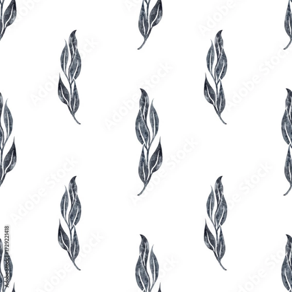 Fototapeta Seamless background with tree branches and leaves watercolor vertical black grainy texture on white hand drawn