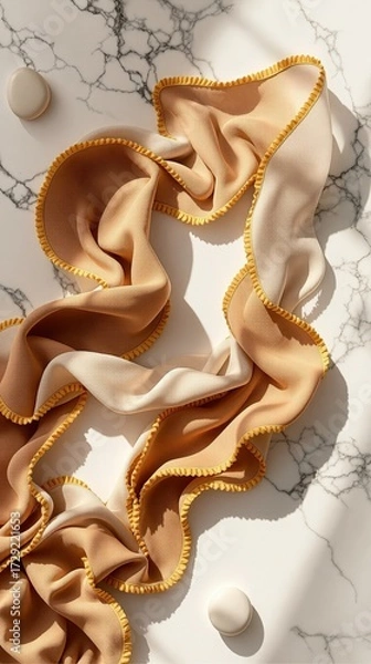Fototapeta Elegant silk scarf in soft beige and cream tones, gracefully draped on a marble surface, showcasing delicate textures and shadows, perfect for fashion and lifestyle branding concepts