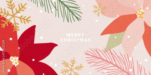 Fototapeta Merry Christmas greeting card, banner, poster, cover. Modern beautiful Xmas art design with hand drawn Poinsettia flowers, holly berries, fir branches, snowflakes pattern and typography.