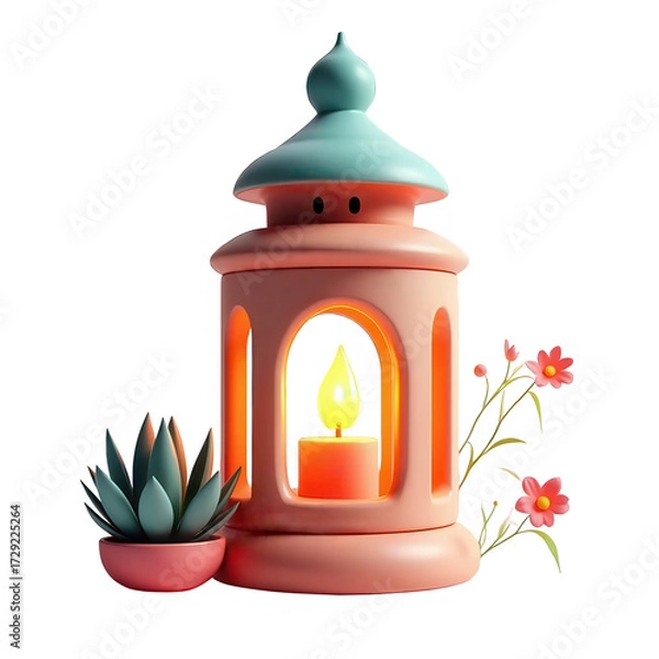 Fototapeta Illuminated candle inside a decorative lantern of coral pink, surrounded by stylized succulent plant and delicate pink flowers, set against a deep black background for a warm and inviting visual.