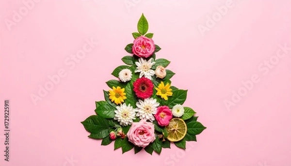 Fototapeta Floral Festive Arrangement on Pink Backdrop Creative Christmas Tree Shape Made of Fresh Flowers and Greenery Flat Lay