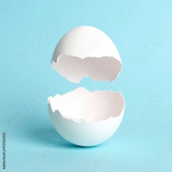 Fototapeta Cracked Eggshell on Light Blue Background Reveals Imperfection and Beginning Emphasizing Fragility and New Beginnings