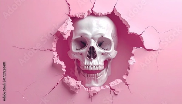 Fototapeta A Surreal Skull Emerging From a Cracked Pink Wall Expressing Morbidity and Decay