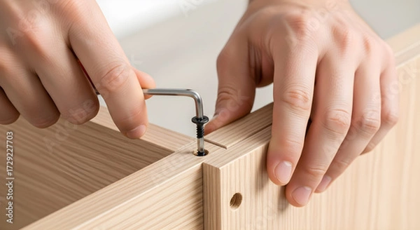 Fototapeta Assembling light wood furniture with an Allen wrench and screw.