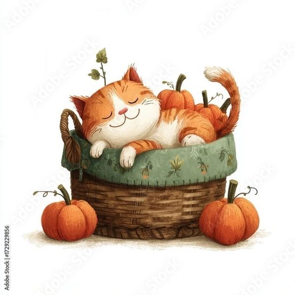 Fototapeta Cute Orange Cat Relaxing in a Basket Surrounded by Fresh Pumpkins in Autumn Scene