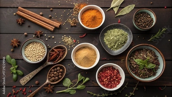 Obraz Flat Lay of Colorful Spices and Herbs —AI GENERATED