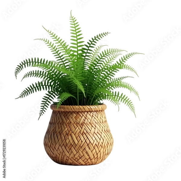 Fototapeta Lush green fern plant flourishes inside a textured woven basket, presented against a solid black background, showcasing vibrant botanical details with rich textures and organic forms emphasizing...