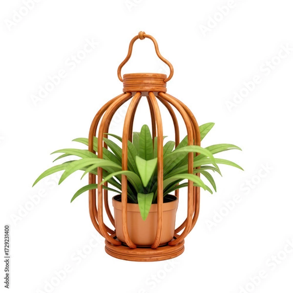 Fototapeta Ornamental wooden cage structure containing a small potted plant with green foliage, all isolated against a solid black background, portraying a unique decorative interior design concept.