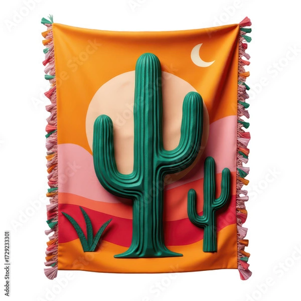 Fototapeta Vibrant illustration showcases a stylized desert scene with large, three-dimensional green cacti against a backdrop of warm orange and pink hues representing the sun and landscape, complemented by...