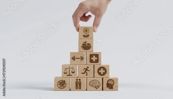 Fototapeta Building Blocks of Wellness: A hand carefully stacks wooden blocks illustrating aspects of wellbeing in a visually appealing and symbolic manner. 