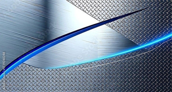 Fototapeta High-tech brushed steel and diamond plate with glowing blue neon curve, combining industrial strength and futuristic energy, great for technology banners, gaming, or sci-fi product design.

