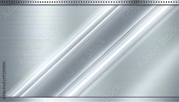 Fototapeta High-gloss polished steel panel with bright diagonal stripes and small perforated trim, perfect for high-tech product presentations, automotive or architectural decorative accents.