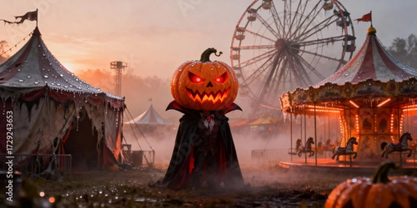 Obraz Pixelated Halloween Pumpkin Figure in Spooky Carnival with Ferris Wheel and Carousel at Dusk