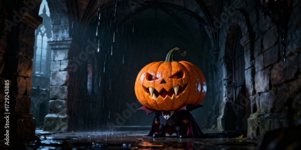 Obraz Pumpkin Head Character in Dark Stone Corridor with Rainy Atmosphere and Ominous Lighting Style