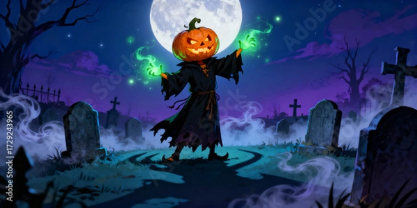 Obraz Pumpkin Headed Character with Green Magic in Graveyard Under Full Moon Pixel Art Style in Dark Blue and Purple Background
