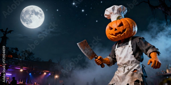 Obraz Pumpkin Headed Chef with Cleaver in Moonlit Halloween Scene