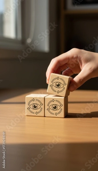 Fototapeta Building Blocks of Perception: A hand carefully positions a wooden block with an eye symbol, representing perception and insight. These blocks stand on a clean, light-toned surface.