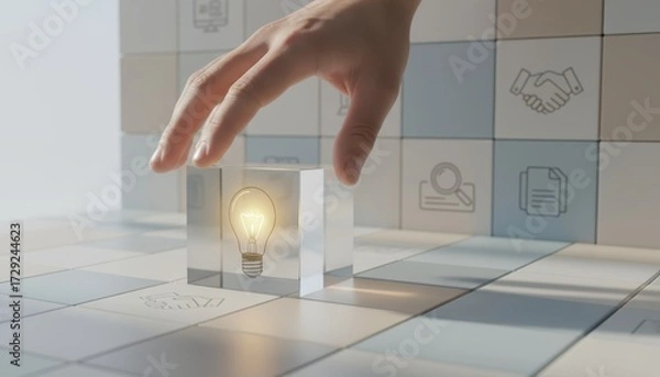 Fototapeta Illuminating Idea: A hand carefully places a transparent cube containing a glowing light bulb onto a grid of tiles decorated with simple business icons.