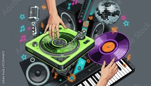 Fototapeta Music Symphony: A vibrant illustration of a DJ's hands poised above a turntable, surrounded by classic audio equipment, celebrating the essence of music and rhythm.