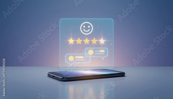 Fototapeta Digital feedback and rating experience: Illustrates the digital feedback and rating concept with a smartphone displaying positive user experience feedback and rating.