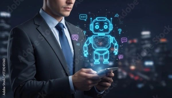 Fototapeta Digital Assistant: A sleek, modern business executive interacts with a futuristic, glowing digital assistant, showcasing cutting-edge technology, innovation, and the future of work.