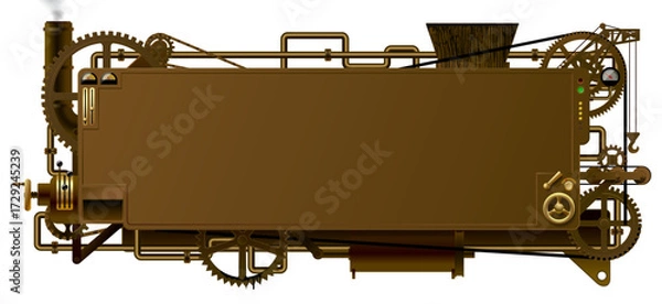 Fototapeta A brown industrial banner and frame in the form of a rusty metal complex fantastic machine with gears, levers, pipes and other equipment isolated on white. 
Vector illustration in 3d style