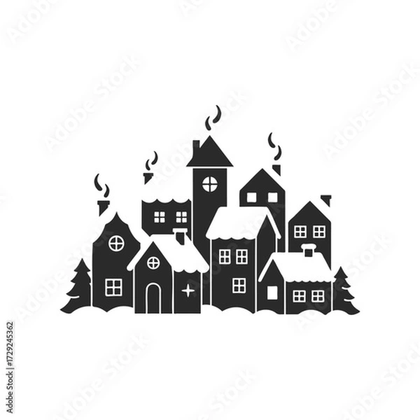 Obraz Silhouette of festive snowy village with stylized houses and pine trees