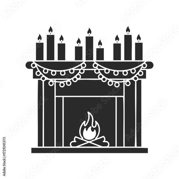 Obraz Festive fireplace with garland and candles illustration