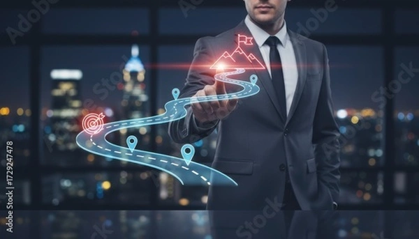 Fototapeta Strategic Vision: A distinguished business professional, poised and confident, unveils a futuristic holographic roadmap symbolizing ambition, strategy, and progress in a nocturnal cityscape setting.