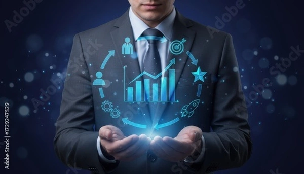 Fototapeta A Visionary in the Business World: A sharp businessman holds a glowing digital representation of a growth chart, set against a sleek blue backdrop.