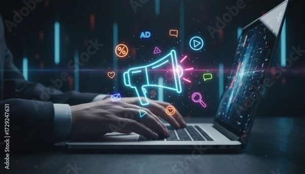 Fototapeta Digital Marketing Strategy: An illuminated graphic of marketing icon with laptop against a dynamic background showcasing strategic digital marketing