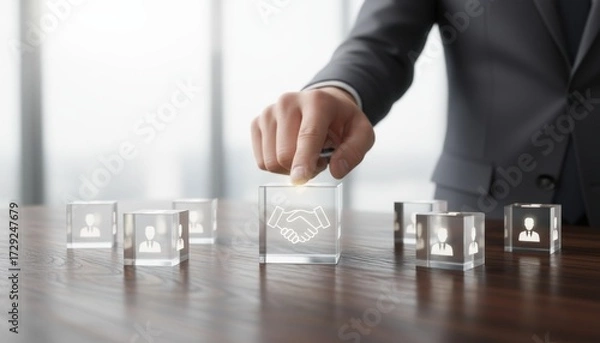 Fototapeta Strategic Partnership: An executive hand thoughtfully selects a handshake icon, representing a strategic partnership amidst a sea of teamwork and collaborative opportunity. 