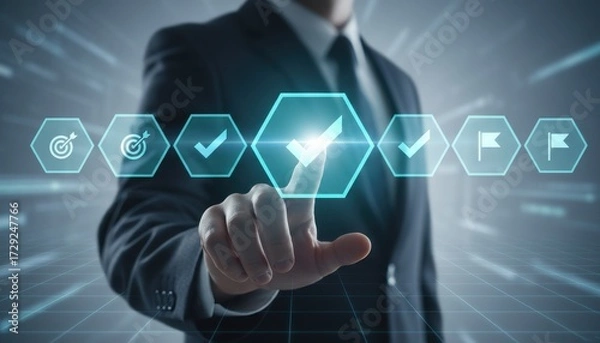 Fototapeta Businessman's Touch on Success Path: A focused businessman in a tailored suit strategically interacts with a holographic interface displaying success symbols, visualizing progress and achievement. 