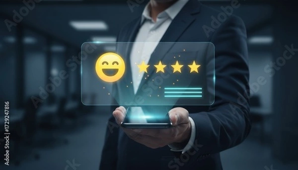 Fototapeta Customer feedback: A business professional holds a smartphone displaying a feedback rating. This image conveys the importance of customer satisfaction and experience.