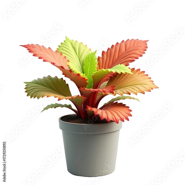 Fototapeta Vibrant stylized houseplant featuring large, serrated leaves in shades of orange, yellow, and green, showcased in a minimalist white pot, set against a deep black backdrop, presenting a colorful,...