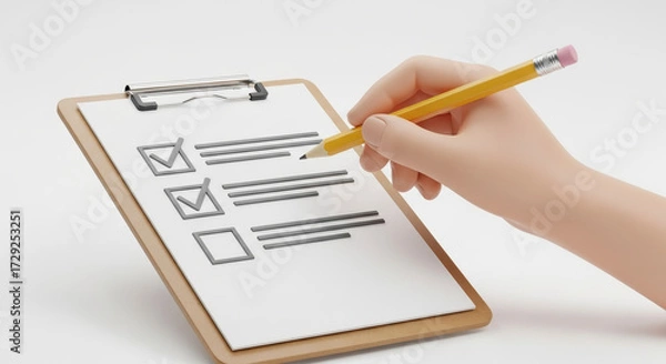 Fototapeta Hand Completing a Detailed Checklist on a Clipboard with a Pencil Close Up View