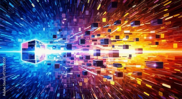 Fototapeta Abstract Digital Cubes Exploding Through Vibrant Neon Light Trails Motion Graphics