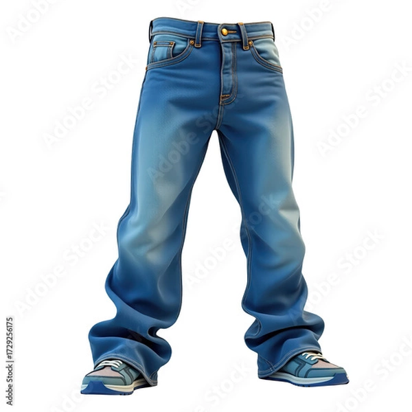 Fototapeta These detailed digital illustrations showcase a stylish pair of light-blue denim jeans with a baggy fit, complete with subtle textures and realistic shadowing effects, placed against a plain black...